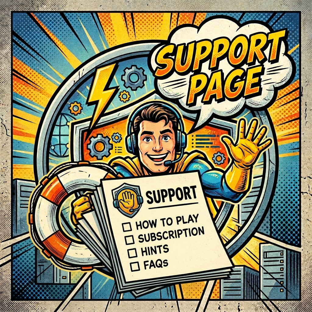Comic-style support agent wearing a headset, holding a support shield and waving beneath “SUPPORT PAGE” text