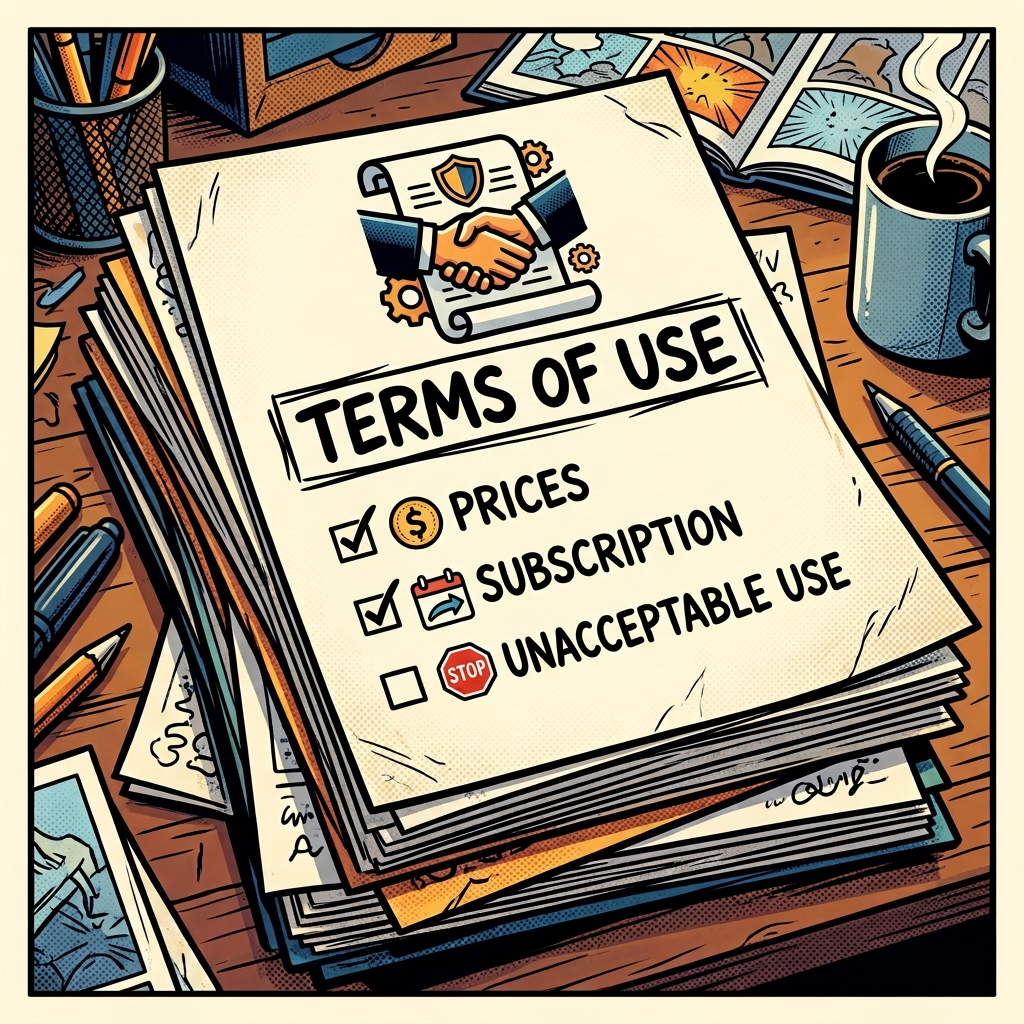 Terms of Use document listing prices, subscription, and unacceptable use